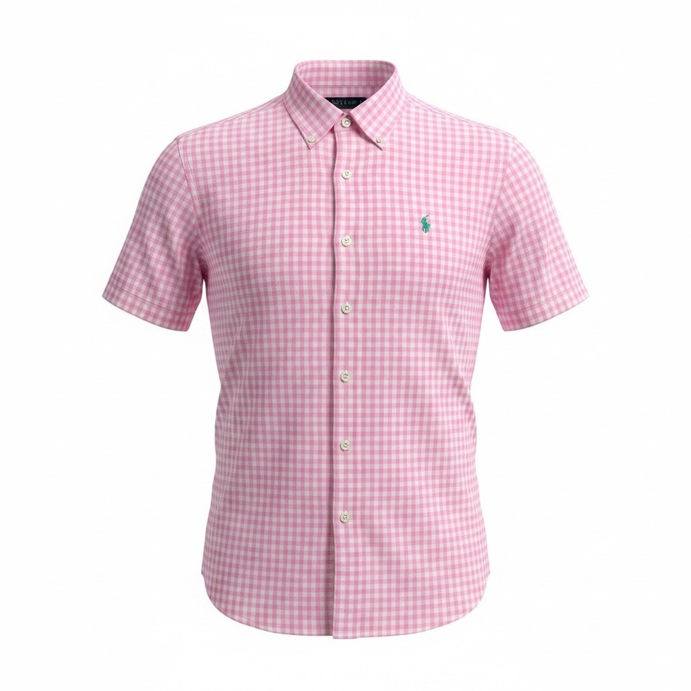 Polo Ralph Lauren Mens Large Classic Fit Pink Gingham Short Sleeve Button Shirt